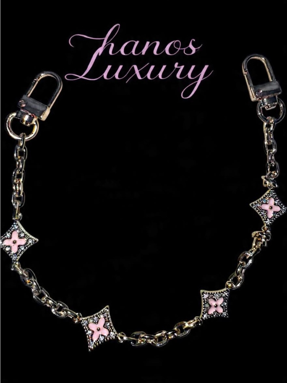 Purse chain Gold with Pink Fleur Emblems
